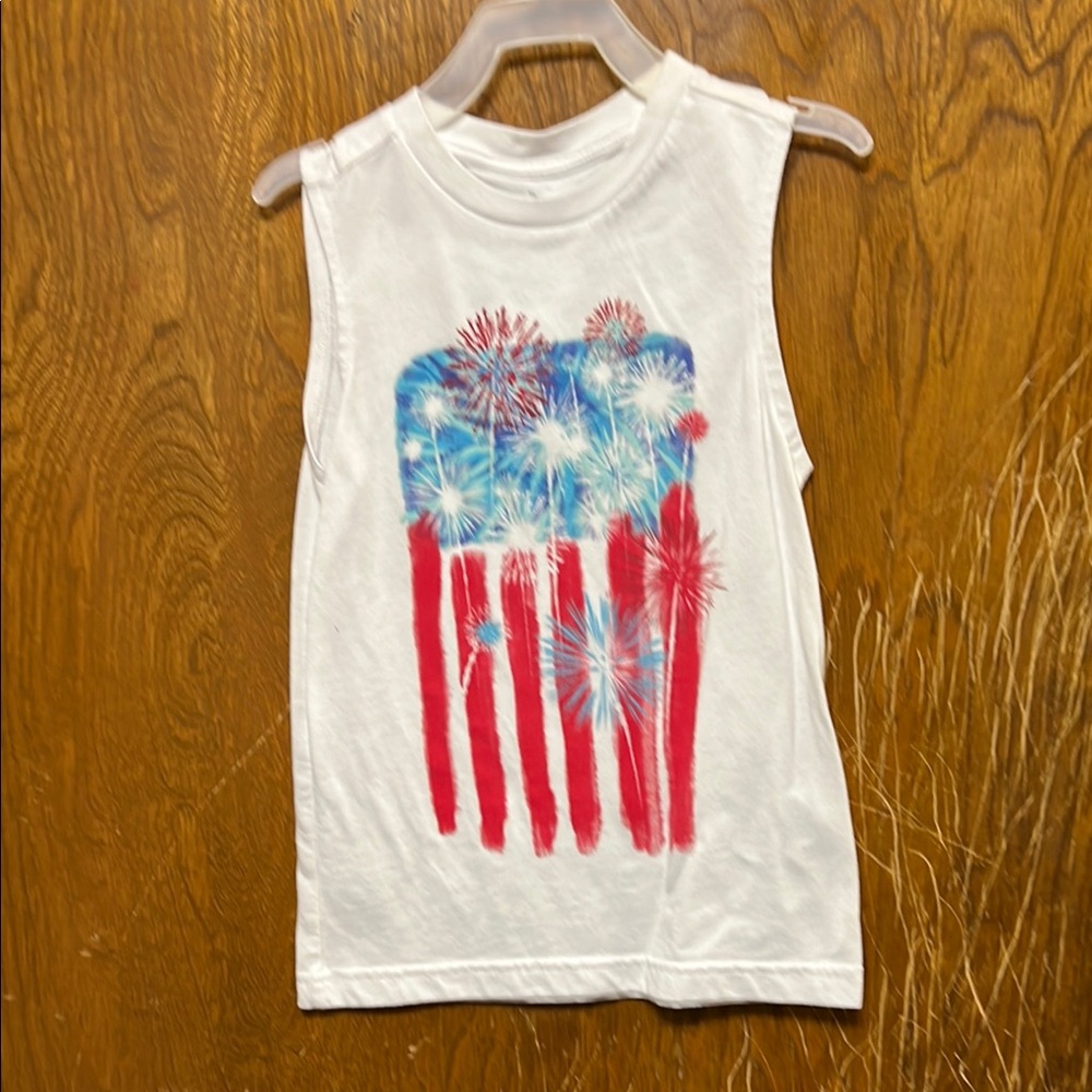 Kids White Sleeveless Top with Red and Blue Firework Design